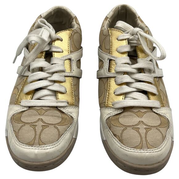 Coach Nova Signature C Monogram Canvas Leather Sneakers Shoes Khaki Gold Sz 7.5M - Picture 6 of 8
